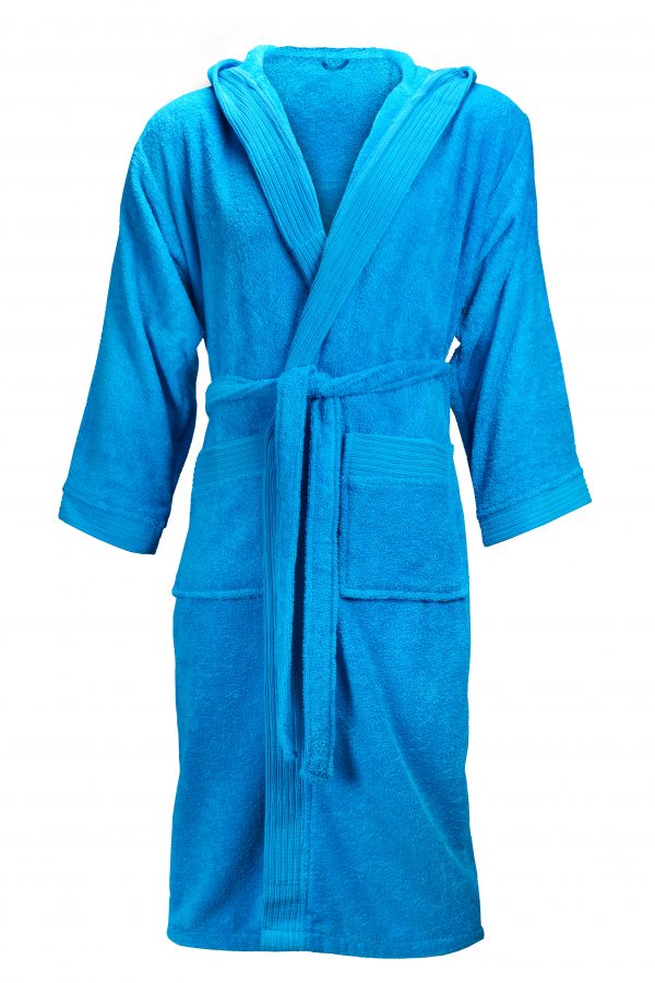 Badjas met capuchon badstof 100% katoen aquablauw logo borduren