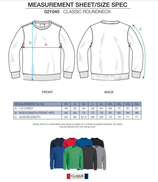 021040 classic sweater maten tabel